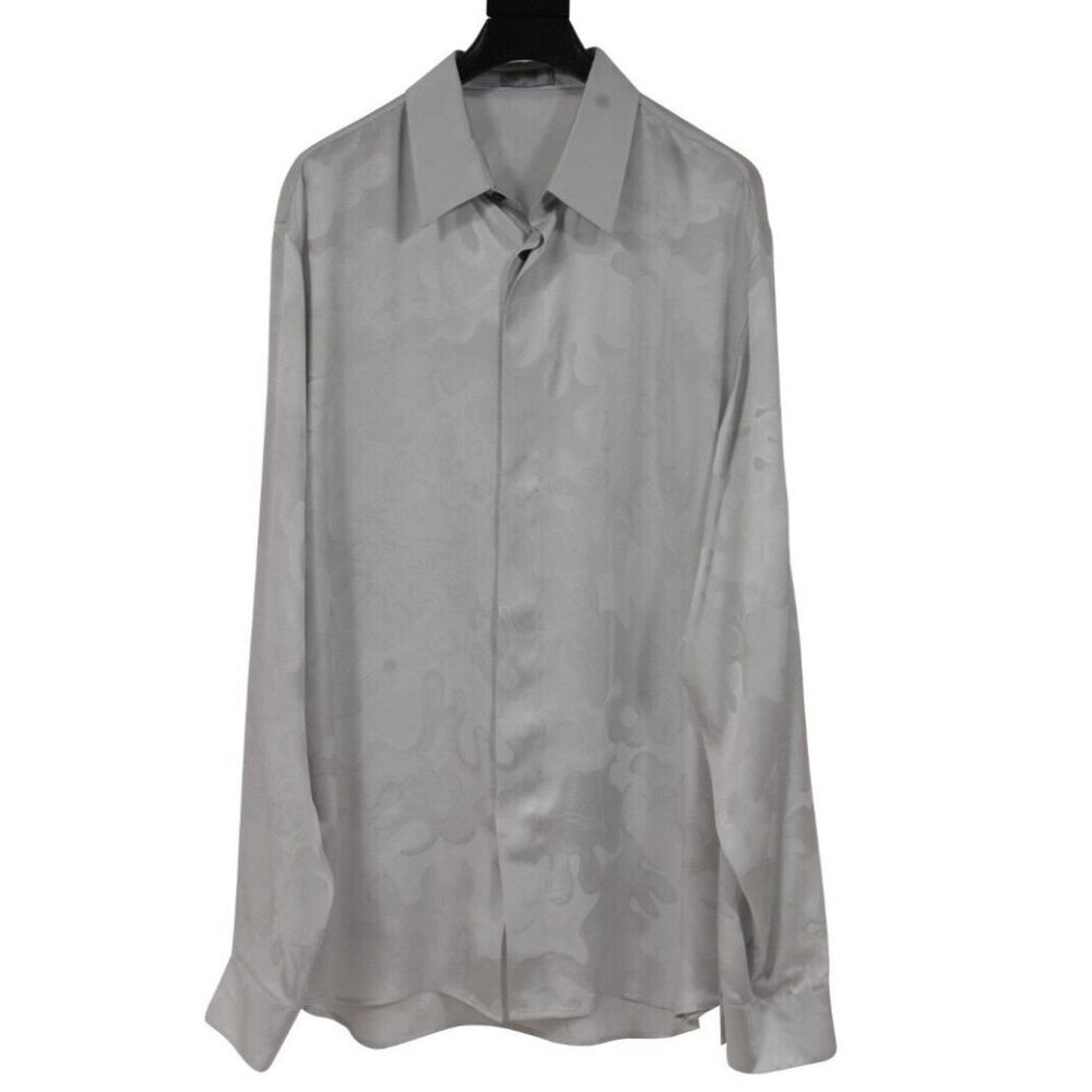 Dior Mens Camo Button Down Shirt 43/17 Silver Grey  100% Silk Long Sleeve Collar